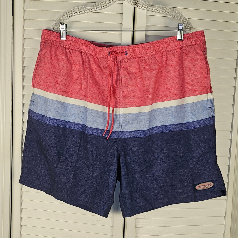 Vineyard Vines Mens Deck Stripe Chappy Swim Trunks Shorts Red White Blue 2XL